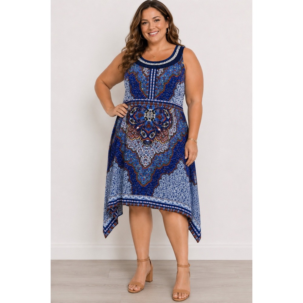 Studio One‎ New York 18W Blue Paisley Handkerchief Hem Beaded Sleeveless Dress